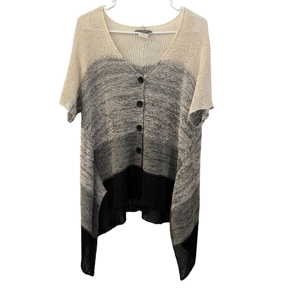 Alembika XS Lagenlook Open Knit Cardigan Short Sleeve Sharkbite Hem Ombre Grey